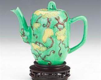 Chinese Sancai Glazed Pumpkin Form Teapot, on Carved Wood Stand, Late Qing 