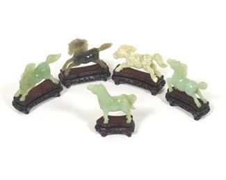 Chinese Six Carved Hardstone Horses on Carved Wood Stands 