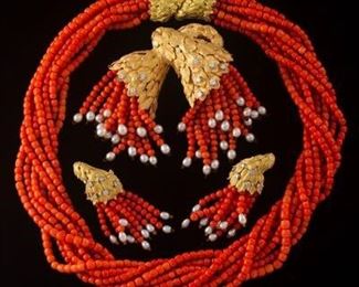Coral, Gold, and Diamond Necklace, Brooch and Earrings Suite 