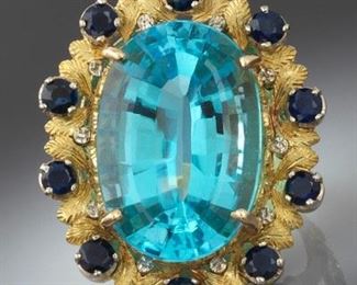 Custom Made Gold, Blue Topaz and Blue Sapphire Oversized Ring 