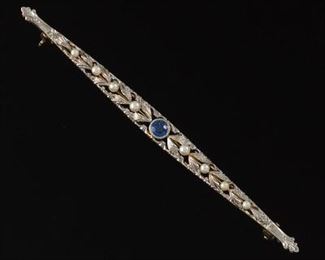 Edwardian Platinum, Sapphire and Pearl Brooch 