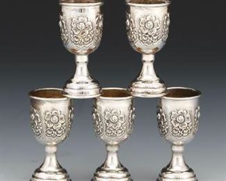 Five Sterling Silver Repousse Floral Design Cordials 