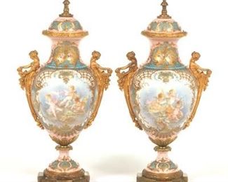 French Sevres Style Pair of Victorian Porcelain Decorative Vases, ca. 19th Century 