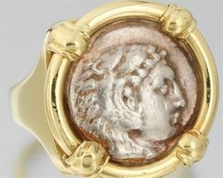 Gentlemens Gold and Antique Silver Coin of Alexander the Great Drachm Ring, Certificate of Authenticity 