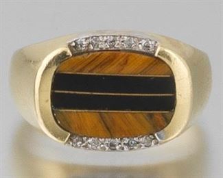 Gentlemens Vintage Gold, Tiger Eye, Black Onyx and Diamond Ring 