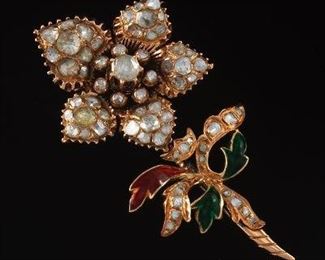 Georgian Gold Diamond and Enamel Flower Brooch 