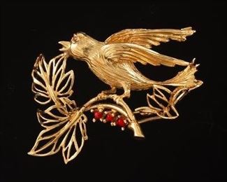 Gold and Coral Bird Brooch 