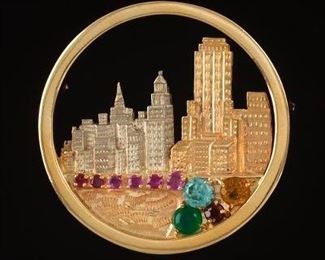 Gold and Gemstone Cityscape Brooch 