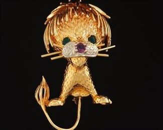 Gold Lion and Gemstone Brooch 