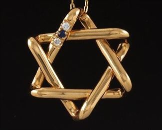 Gold, Diamond and Blue Sapphire Mogen David on Gold Filled Chain 