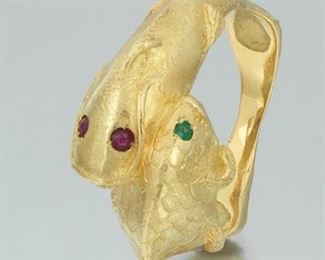 Gold, Ruby and Emerald Dual Fish Ring 