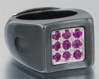 Hematite, Gold and Ruby Ring 