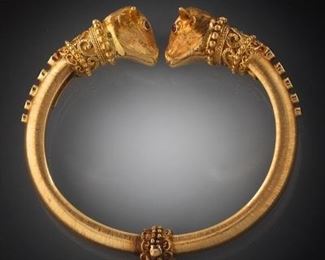 Ilias Lalaounis Ancient Greek Style Double Bulls Head Gold, Blue Sapphire and Ruby Bangle 