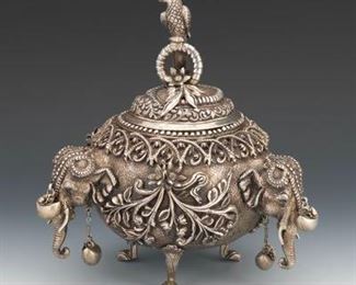 Impressive Sterling Silver Elephant and Parrot Centerpiece Lidded Tripod Box 
