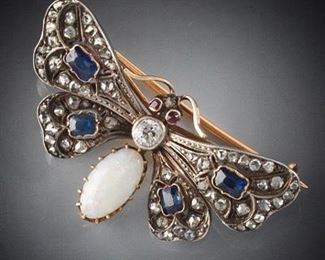 Incredible Antique Gold Topped with Silver, Diamond, Blue Sapphire, Ruby and Opal Butterfly Pin Brooch 