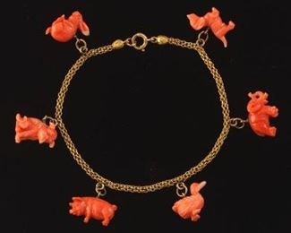 Italian Carved Coral Animal Charm Bracelet 