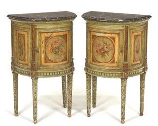 Italian Pair of Hand Painted Demilune Tables with Marble Tops, ca. Mid 20th Century 