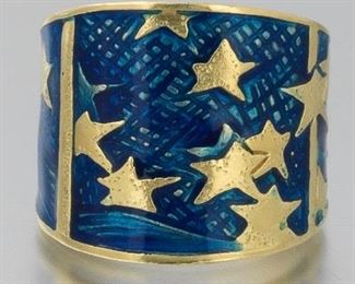 Jaclyn Davidson Gold and Cobalt Blue Enamel Starry Night Wide Band 