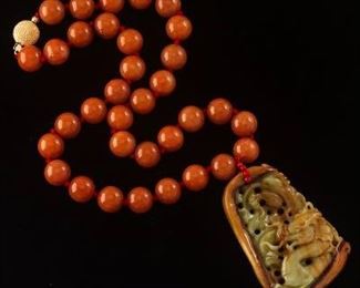 Jadeite Dragon Pendant and Quartz Bead Necklace 