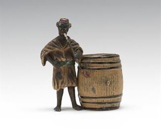 Jugendstil Cold Painted Metal Figure of a Man Smoking Long Pipe by a Barrel