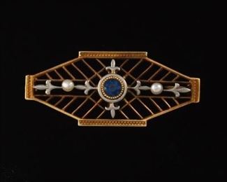 Krementz Gold, Sapphire, Enamel, and Pearl Brooch, ca. Late 19th Century 