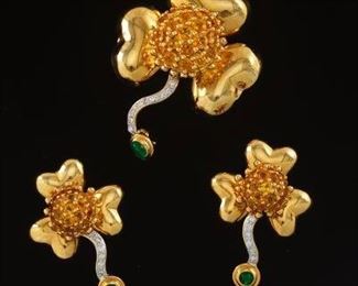 Ladies 18k Gold, Citrine, Diamond and Emerald Suite 