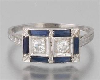 Ladies Art Deco Gold, Diamond and Blue Sapphire Ring 