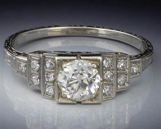 Ladies Art Deco Gold, Solitaire Diamond and Diamond Ring 