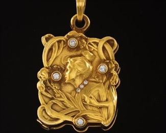 Ladies Art Nouveau Gold and Diamond Locket Pendant 