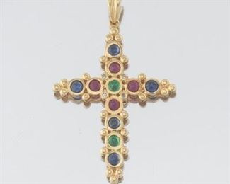 Ladies Byzantine Style Gold, Gemstone and Diamond Cross