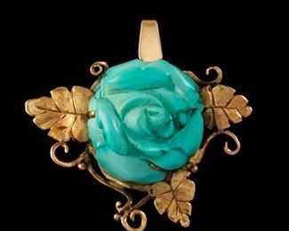 Ladies Carved Turquoise Rose Pendant in Gold Mount