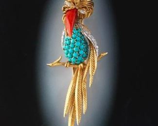 Ladies Coral and Turquoise Bird Brooch 