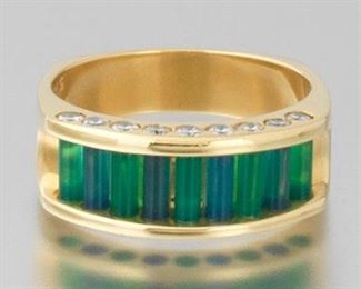 Ladies CYLETTES John Kennedy Gold, Diamond and BlueGreen Gemstone Tubes Ocean Band Ring 