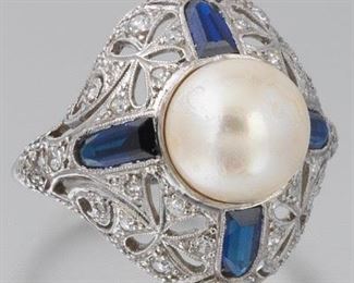 Ladies Edwardian Platinum, 9.5 mm Pearl, Diamond and Lab Grown Blue Sapphire Ring 