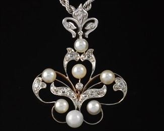 Ladies Edwardian Style TwoTone Gold, Diamond and Pearl FleurdeLys Pendant on Italian Platinum Rope Chain 