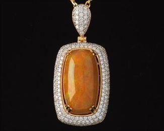 Ladies Fire Opal and Diamond Pendant on Chain 