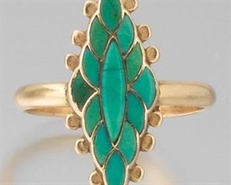 Ladies FSH Art Deco Gold and Turquoise Navette Ring 