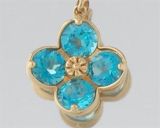 Ladies Gold and Blue Topaz Lucky Shamrock Pendant 