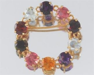 Ladies Gold and Brazilian Gemstone Circle Brooch 
