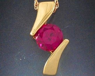 Ladies Gold and Lab Grown Ruby Pendant and Chain 