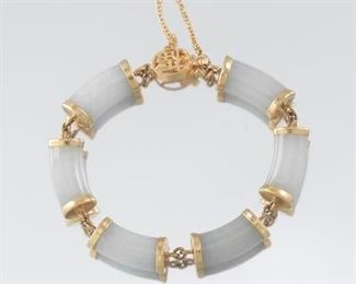 Ladies Gold and White Grey Jade Tubular Links Bracelet 