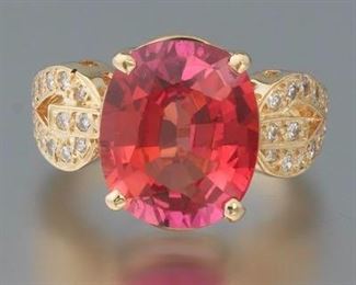 Ladies Gold, 8 ct Orange Pink Sapphire and Diamond Ring