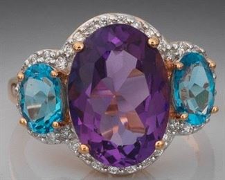 Ladies Gold, Amethyst, Blue Topaz and Diamond Cocktail Ring 