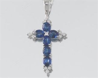 Ladies Gold, Blue Sapphire and Diamond Cross on Chain 