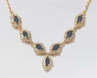 Ladies Gold, Blue Sapphire and Diamond Necklace 