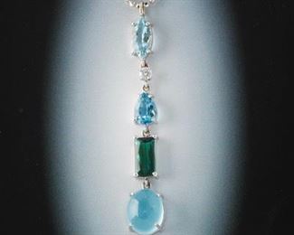Ladies Gold, Diamond, Aquamarine, Blue Topaz, Green Tourmaline and Moonstone Necklace 