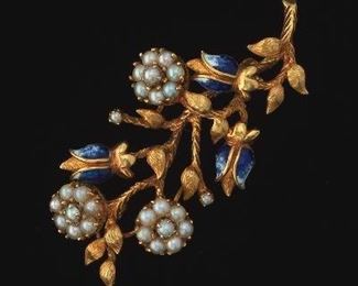 Ladies Gold, Enamel and Pearl Brooch 