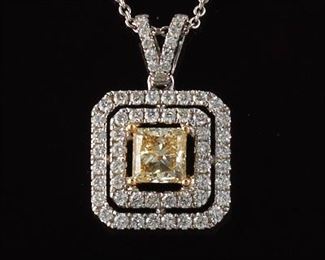 Ladies Gold, Fancy Light Yellow Diamond and White Diamond Pendant on Chain 