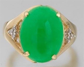 Ladies Gold, Green Jade and Diamond Ring 