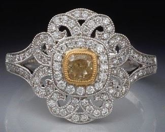 Ladies Gold, Fancy Light Yellow Diamond and White Diamond Ring 